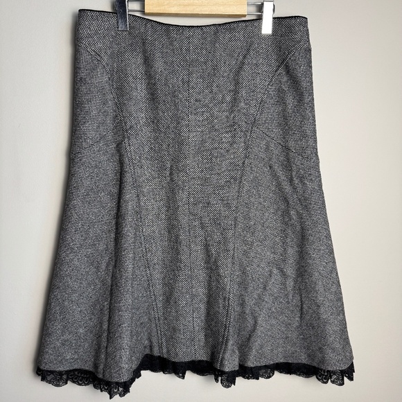 LeComte Women's 12 Wool/Silk Midi Skirt Lace Trim Gray/Black Flare Lined - Picture 1 of 12